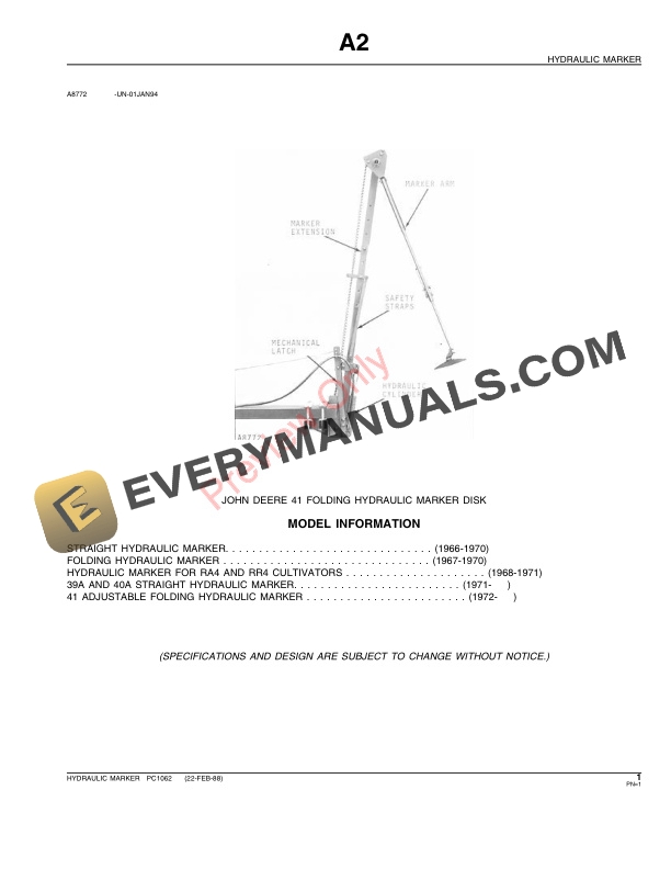 John Deere Hydraulic Marker Parts Catalog PC1062 23JUL90 3