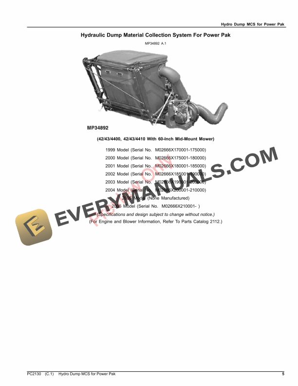 John Deere Hydro Dump MCS For Power Pak Parts Catalog PC2130 04AUG20-5