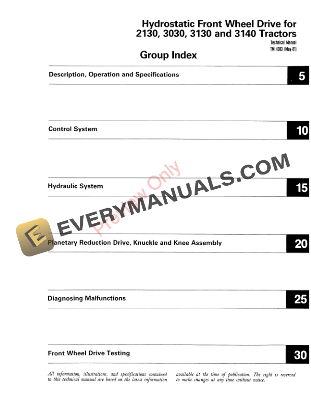 John Deere Hydrostatic Front Wheel Drive for 2130 3030 3130 and 3140 Tractors Order with TM4277 Technical Manual TM4303 01MAY81 3