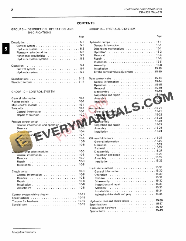 John Deere Hydrostatic Front Wheel Drive for 2130 3030 3130 and 3140 Tractors Order with TM4277 Technical Manual TM4303 01MAY81 4