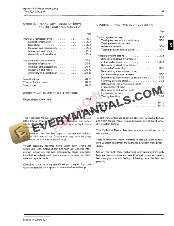 John Deere Hydrostatic Front Wheel Drive for 2130 3030 3130 and 3140 Tractors Order with TM4277 Technical Manual TM4303 01MAY81 5