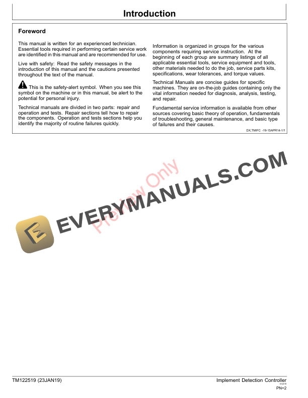 John Deere Implement Detection Controller Technical Manual TM122519 23JAN19 4 John Deere Implement Detection Controller Technical Manual TM122519 23JAN19 2