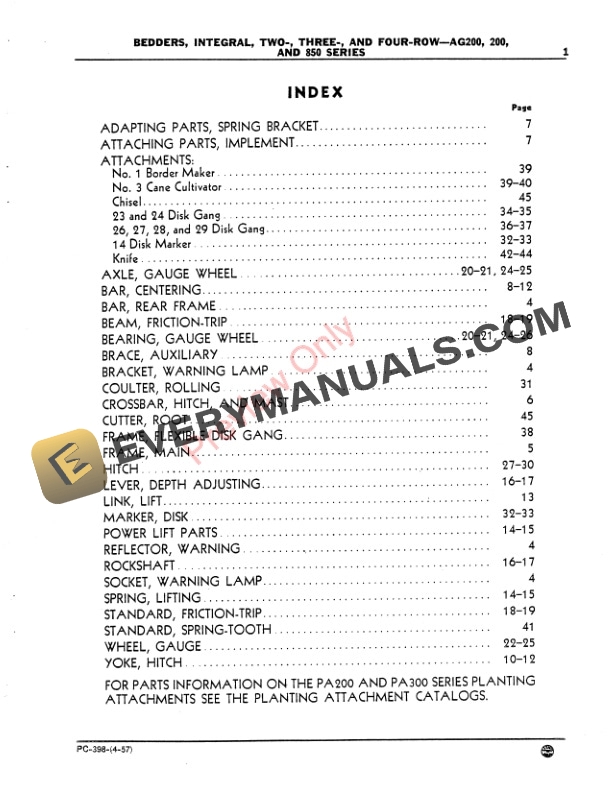 John Deere Integral Bedders – 2, 3, 4-Row–AG200, 200, 850 Series Parts Catalog PC398 01APR57-3