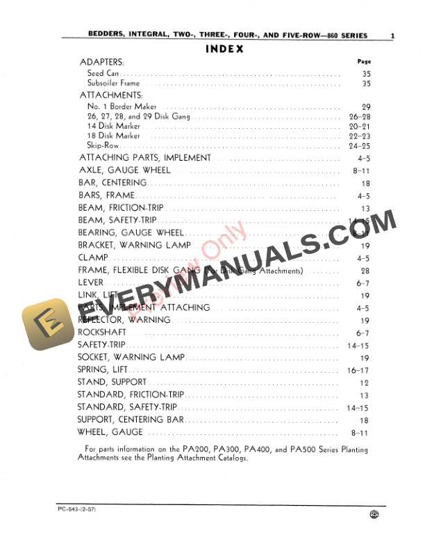 John Deere Integral Bedders – 860 Series Parts Catalog PC543 01FEB57-3
