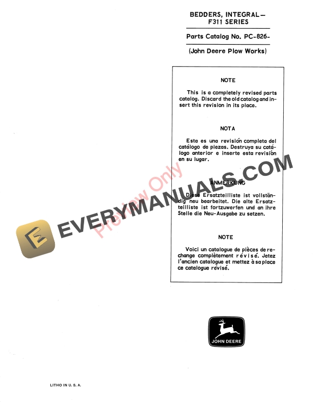 John Deere Integral Bedders – F311 Series Parts Catalog PC826 01MAY69-1
