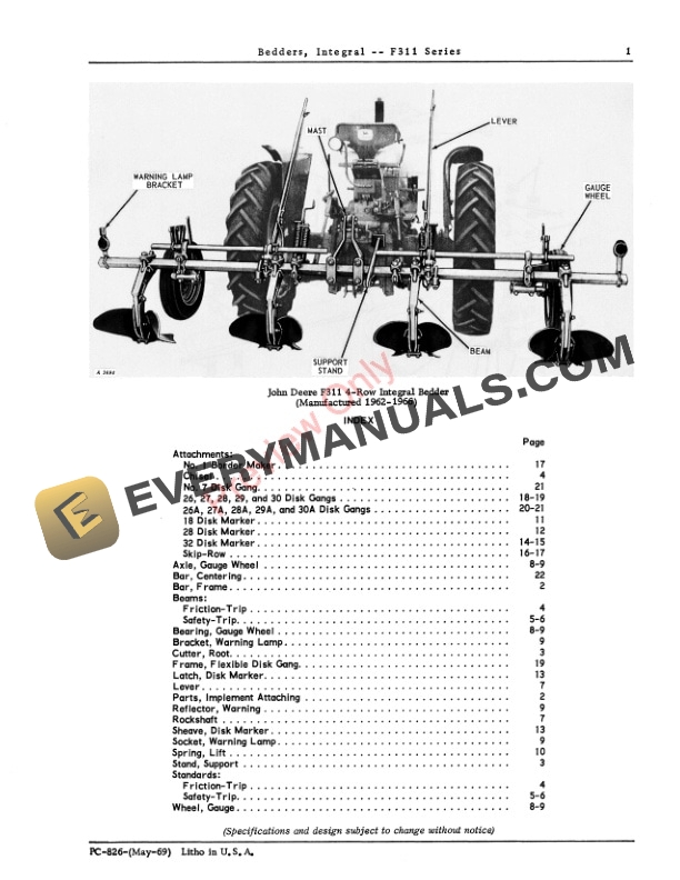 John Deere Integral Bedders – F311 Series Parts Catalog PC826 01MAY69-3