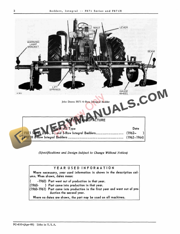 John Deere Integral Bedders – F871 Series, F871H Parts Catalog PC810 01APR68-4