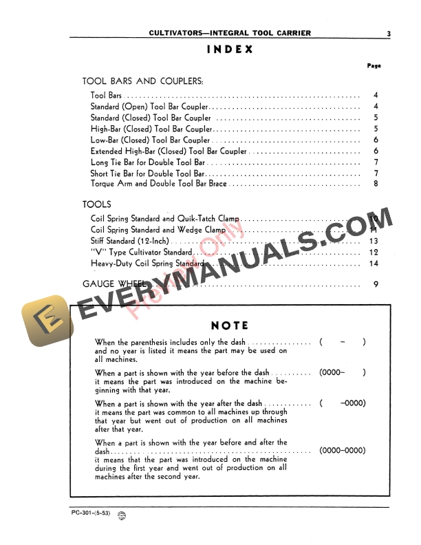 John Deere Integral Carrier Cultivators Parts Catalog PC301 01MAY53-5