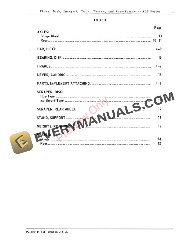 John Deere Integral Disk Plows – 805 Series Parts Catalog PC599 01AUG61-3