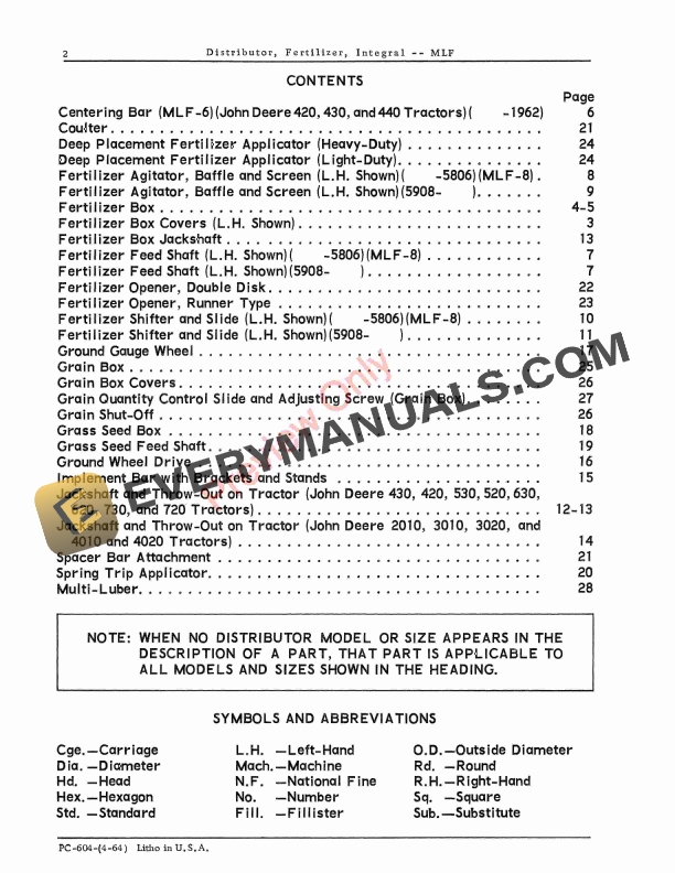 John Deere Integral Fertilizer Distributor – MLF Parts Catalog PC604 01APR64-4