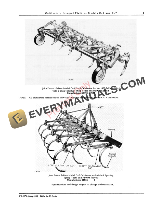 John Deere Integral Field Cultivators Nos. C-4, C-7 Parts Catalog PC279 01AUG66-3