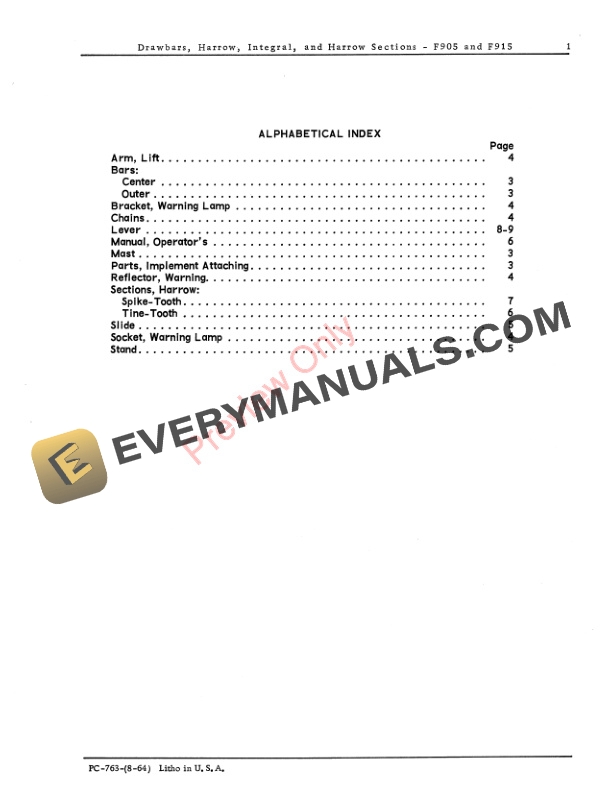 John Deere Integral Harrow Drawbar and Harrow Sections - F905, F915 Parts Catalog PC763 01AUG64 4 John Deere Integral Harrow Drawbar and Harrow Sections – F905, F915 Parts Catalog PC763 01AUG64-3