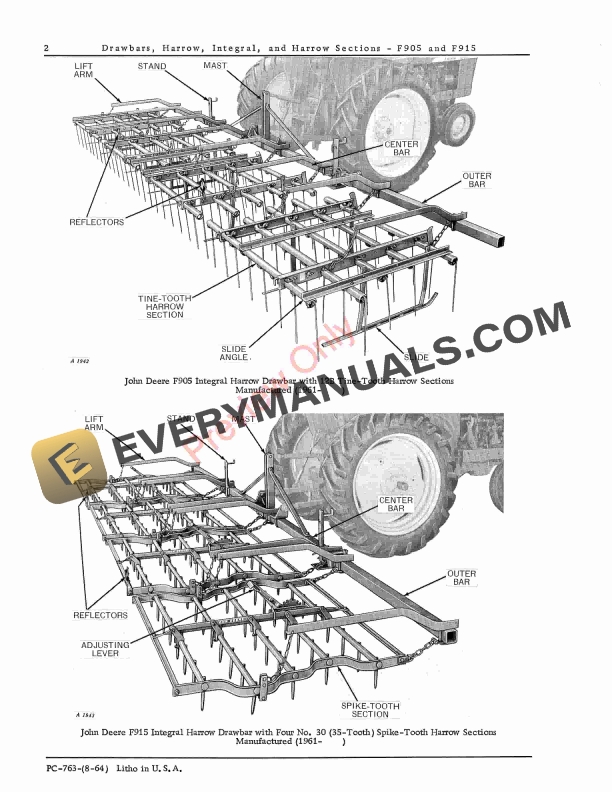 John Deere Integral Harrow Drawbar and Harrow Sections - F905, F915 Parts Catalog PC763 01AUG64 5 John Deere Integral Harrow Drawbar and Harrow Sections – F905, F915 Parts Catalog PC763 01AUG64-4