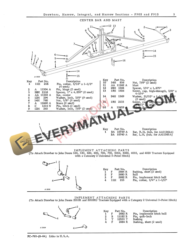 John Deere Integral Harrow Drawbar and Harrow Sections - F905, F915 Parts Catalog PC763 01AUG64 6 John Deere Integral Harrow Drawbar and Harrow Sections – F905, F915 Parts Catalog PC763 01AUG64-5