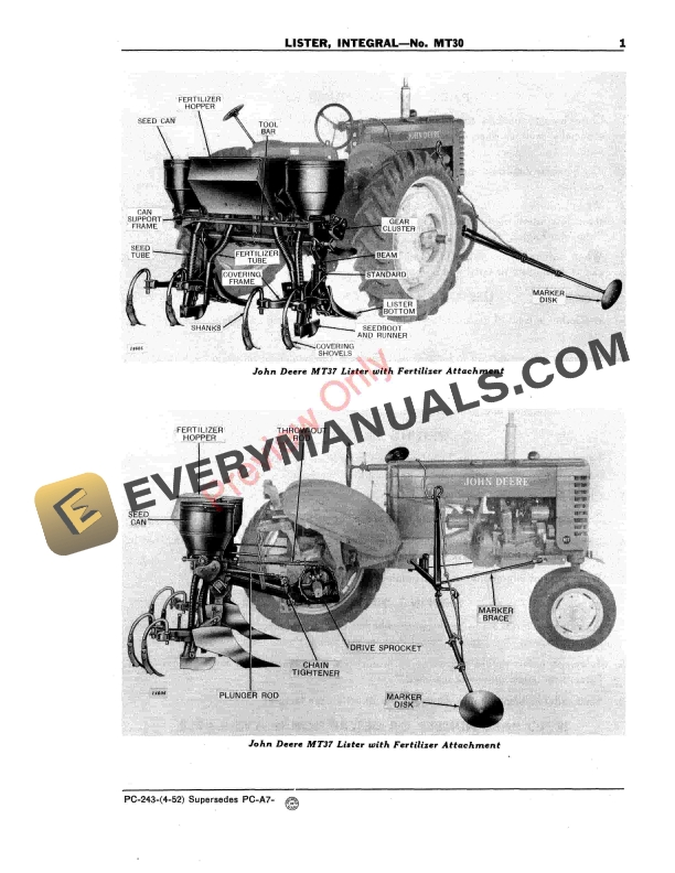 John Deere Integral Lister – No. MT30 Parts Catalog PC243 01APR52-5