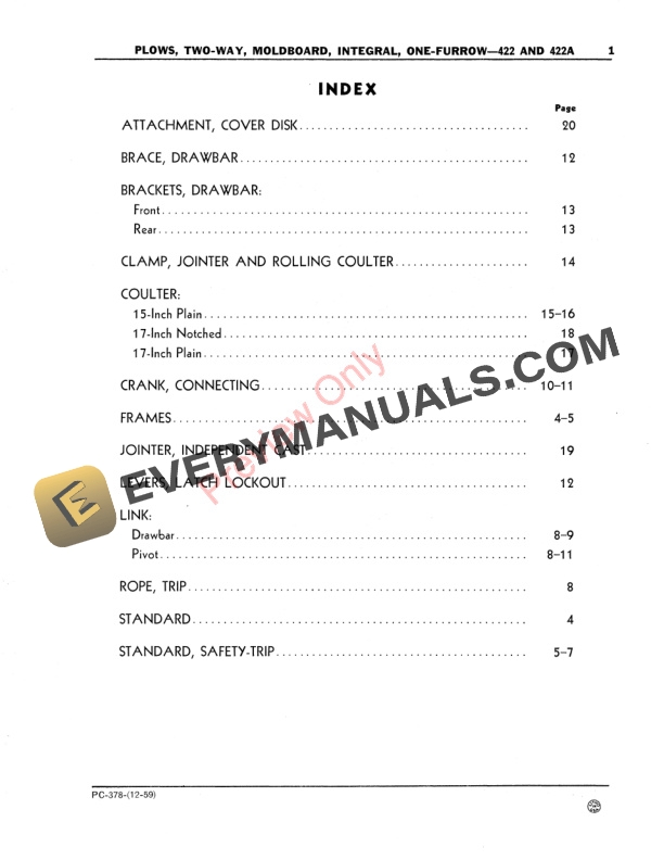 John Deere Integral Moldboard Plows – 422, 422A Parts Catalog PC378 01DEC59-3