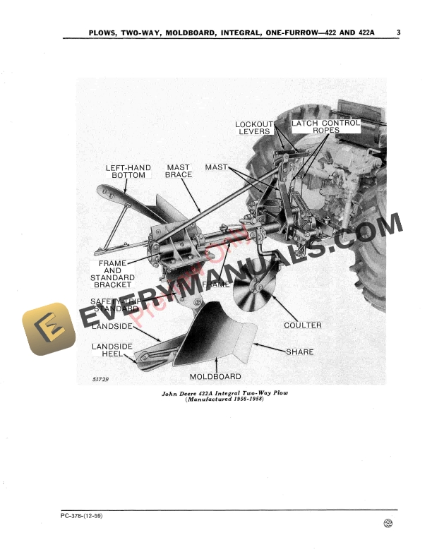 John Deere Integral Moldboard Plows – 422, 422A Parts Catalog PC378 01DEC59-5