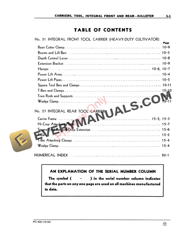 John Deere Integral Tool Carrier – No. 51 Front and No. 57 Rear Parts Catalog PC450 01OCT54-3