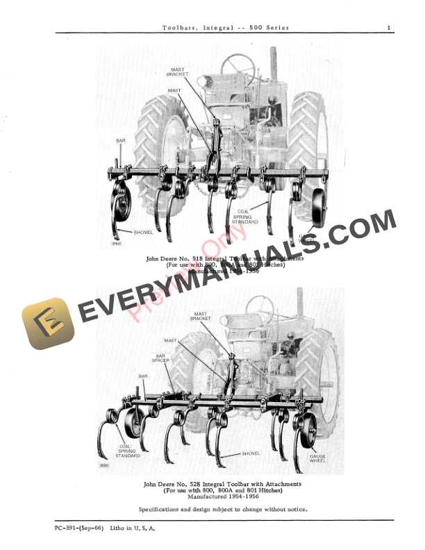 John Deere Integral Toolbars – 500 Series Parts Catalog PC391 01SEP66-3