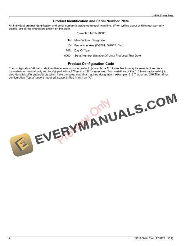 John Deere J3816 Chain Saw Parts Catalog PC9170 01JUL13-4