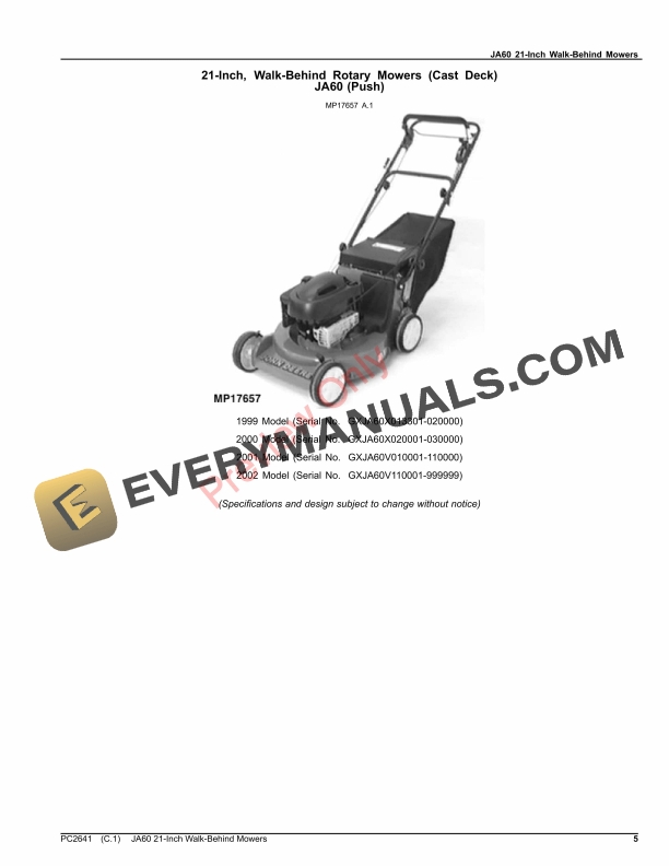 John Deere JA60 21-INCH WALK-BEHIND MOWERS Parts Catalog PC2641 17DEC19-5