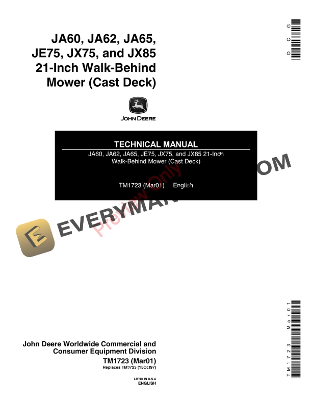 John Deere JA60, JA62, JA65, JE75, JX75, and JX85 Rotary Mowers Technical Manual TM1723 30MAR01-1