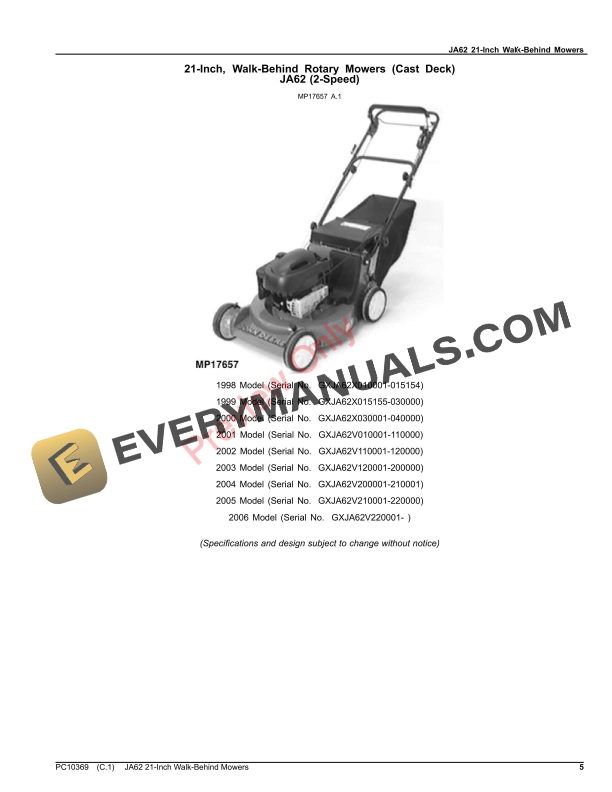 John Deere JA62 21 Inch Walk Behind Mowers Parts Catalog PC10369 06DEC22 5