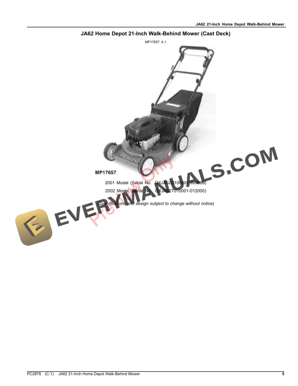 John Deere JA62 HOME DEPOT 21-INCH WALK-BEHIND MOWER Parts Catalog PC2878 17FEB23 6 John Deere JA62 HOME DEPOT 21-INCH WALK-BEHIND MOWER Parts Catalog PC2878 17FEB23-5