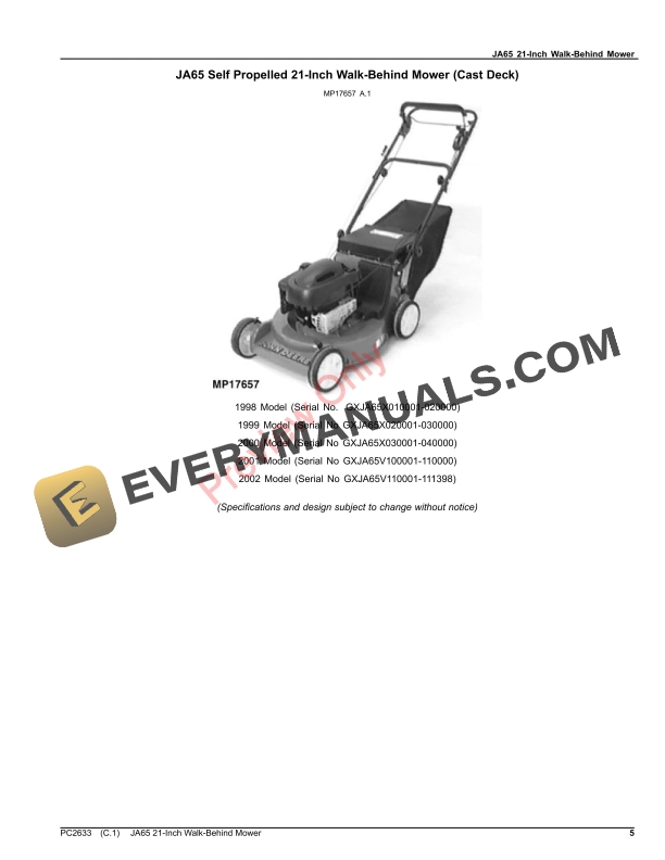 John Deere JA65 21-Inch Walk-Behind Mower Parts Catalog PC2633 06DEC22-5