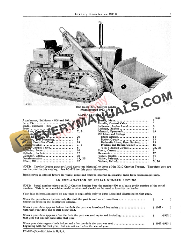 John Deere JD 2010 Crawler Loader (Loader Bucket Only) Parts Catalog PC705 01OCT66 4 John Deere JD 2010 Crawler Loader (Loader Bucket Only) Parts Catalog PC705 01OCT66-3
