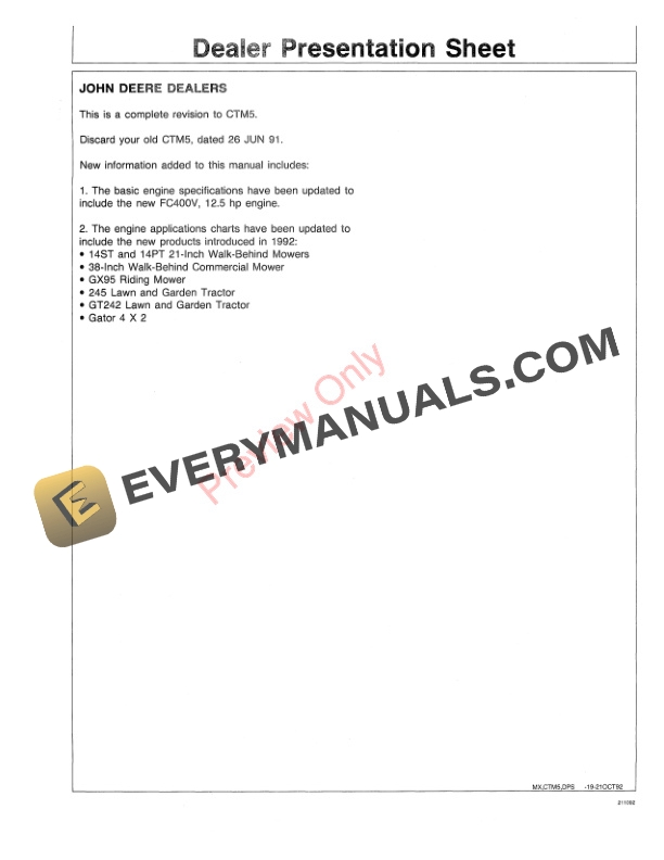 John Deere JD K Series Air Cooled Component Technical Manual CTM5 20OCT92 3
