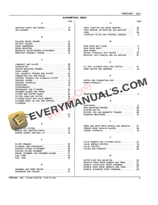 John Deere JD21 Trencher Parts Catalog PC1243 15JUL76-3
