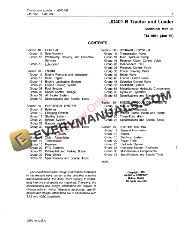 John Deere JD401 B Tractor and Loader Technical Manual TM1091 01AUG79 3