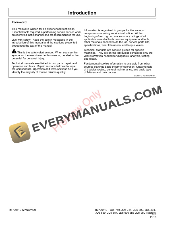 John Deere JD5 750 JD5 754 JD5 800 JD5 Technical Manual TM700519 27NOV12 2