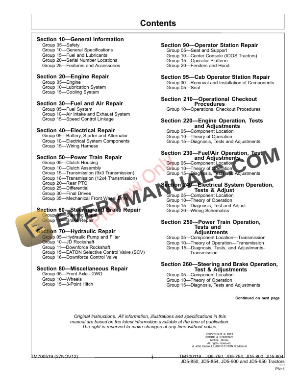 John Deere JD5 750 JD5 754 JD5 800 JD5 Technical Manual TM700519 27NOV12 3