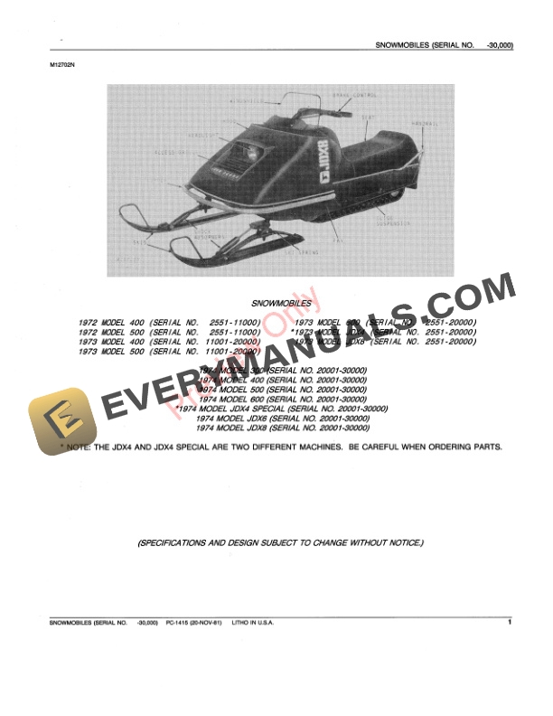 John Deere JDX4, JDX6, JDX8, 300 and 400 Snowmobiles Parts Catalog PC1415 20NOV81-3