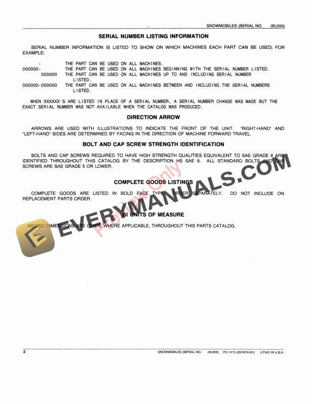 John Deere JDX4, JDX6, JDX8, 300 and 400 Snowmobiles Parts Catalog PC1415 20NOV81-4