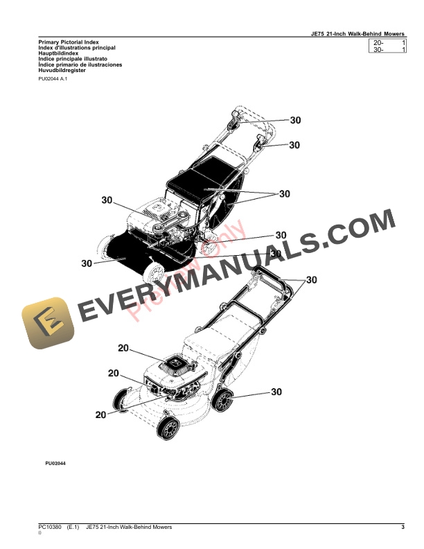 John Deere JE75 21 Inch Walk Behind Mowers Parts Catalog PC10380 15JUN22 3