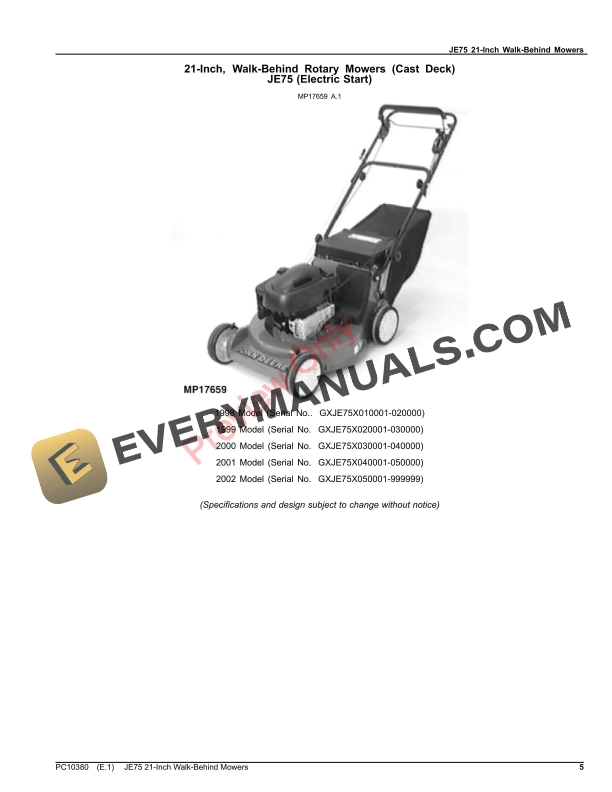 John Deere JE75 21 Inch Walk Behind Mowers Parts Catalog PC10380 15JUN22 5