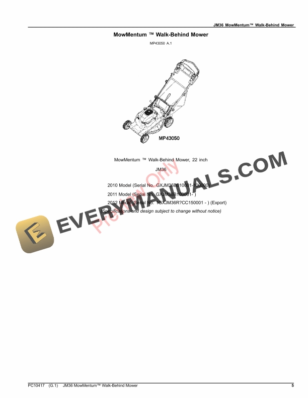 John Deere JM36 MowMentumWalk Behind Mower Parts Catalog PC10417 04NOV22 5