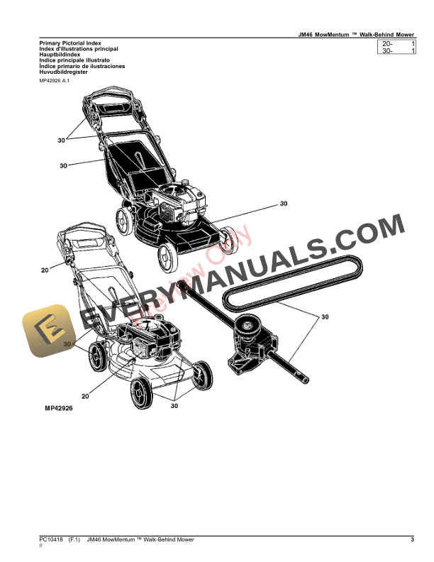 John Deere JM46 MOWMENTUM WALK BEHIND MOWER Parts Catalog PC10418 29MAY23 3