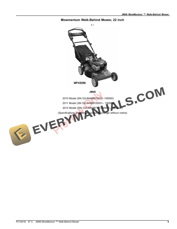 John Deere JM46 MOWMENTUM WALK BEHIND MOWER Parts Catalog PC10418 29MAY23 5