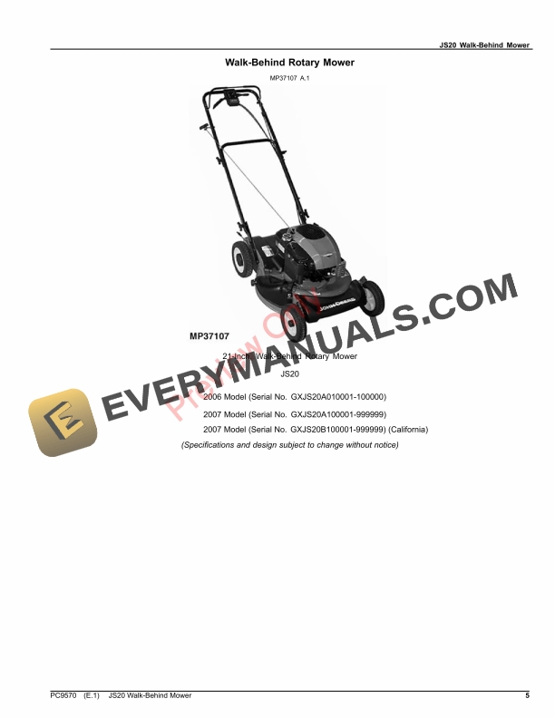 John Deere JS20 WALK-BEHIND MOWER Parts Catalog PC9570 11SEP19-5