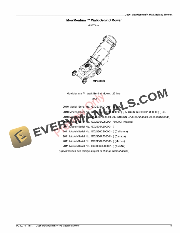 John Deere JS36 MowMentum Walk Behind Mower Parts Catalog PC10371 04NOV22 5