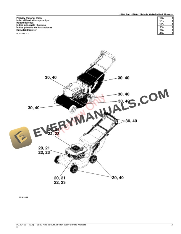 John Deere JS60 AND JS60H 21 INCH WALK BEHIND MOWERS Parts Catalog PC10409 30OCT19 3