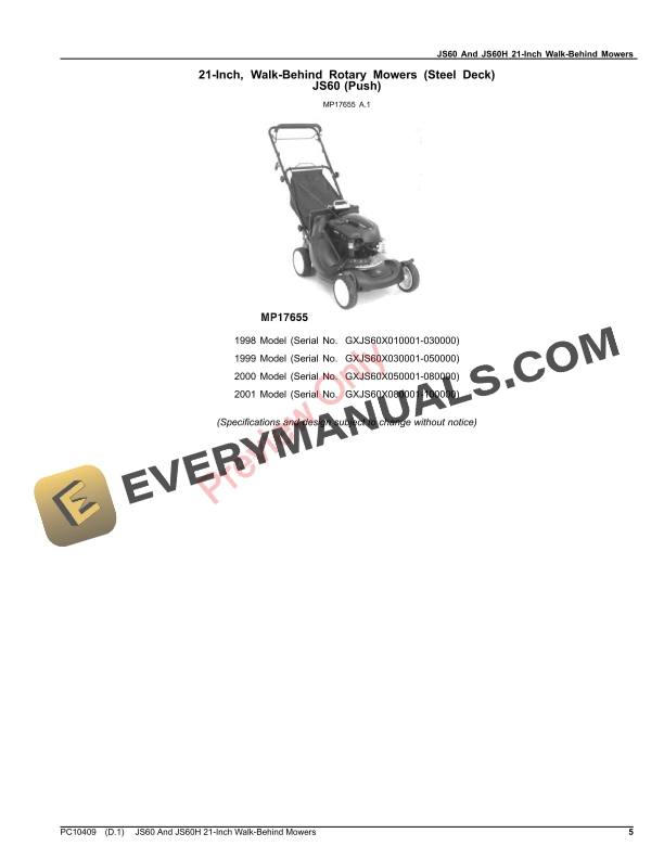 John Deere JS60 AND JS60H 21 INCH WALK BEHIND MOWERS Parts Catalog PC10409 30OCT19 5