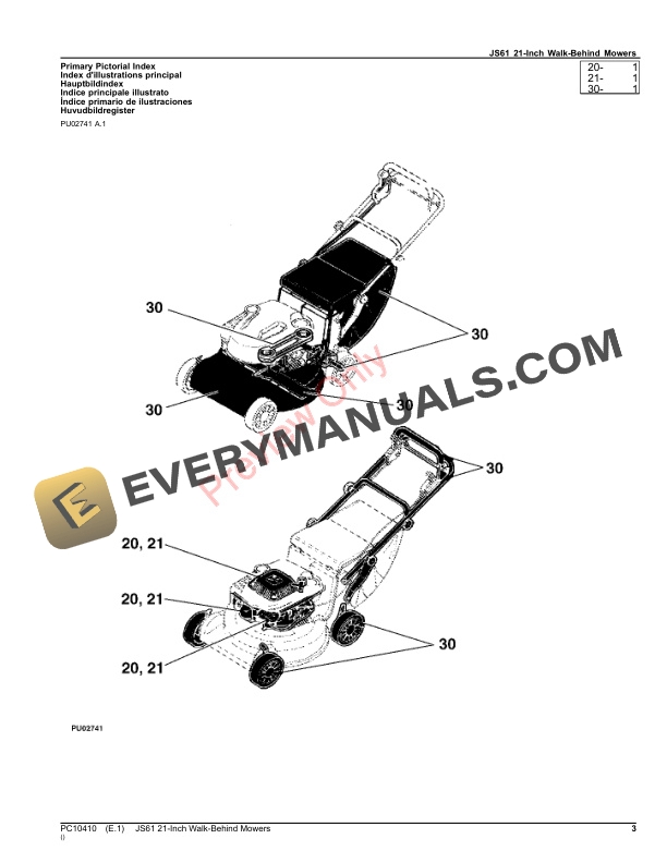 John Deere JS61 21 INCH WALK BEHIND MOWERS Parts Catalog PC10410 24APR20 3