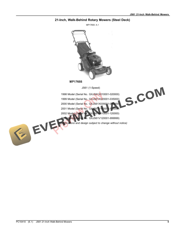 John Deere JS61 21 INCH WALK BEHIND MOWERS Parts Catalog PC10410 24APR20 5