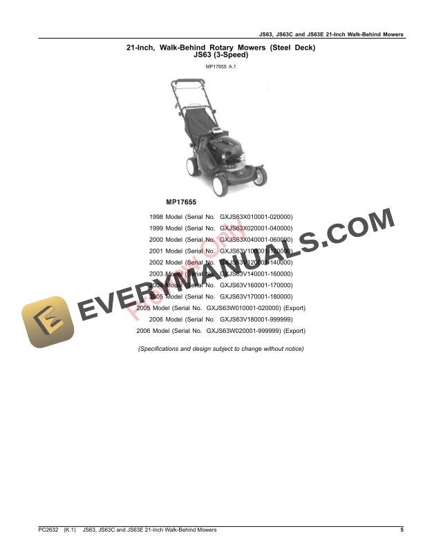 John Deere JS63, JS63C and JS63E 21-Inch Walk-Behind Mowers Parts Catalog PC2632 09DEC22-5