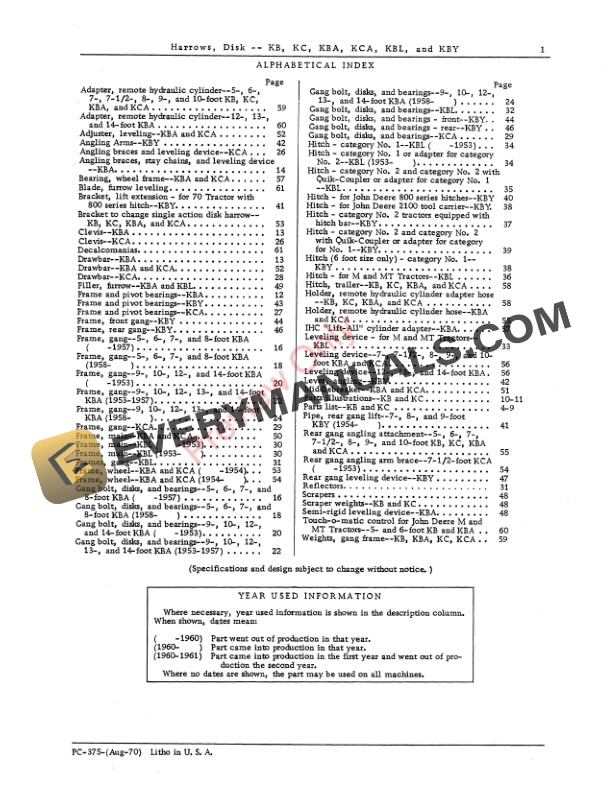 John Deere KB, KBA, KBL, KBY, KC, KCA Disk Harrows Parts Catalog PC375 01AUG70 4 John Deere KB, KBA, KBL, KBY, KC, KCA Disk Harrows Parts Catalog PC375 01AUG70-3